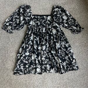 Sweet Lemon NWT Black/Gray Floral Babydoll Square Neck Mini‎ Dress, Size Large